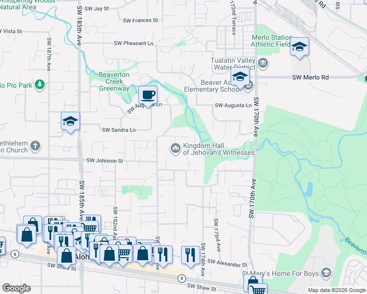map of restaurants, bars, coffee shops, grocery stores, and more near 2615 Southwest 175th Avenue in Beaverton