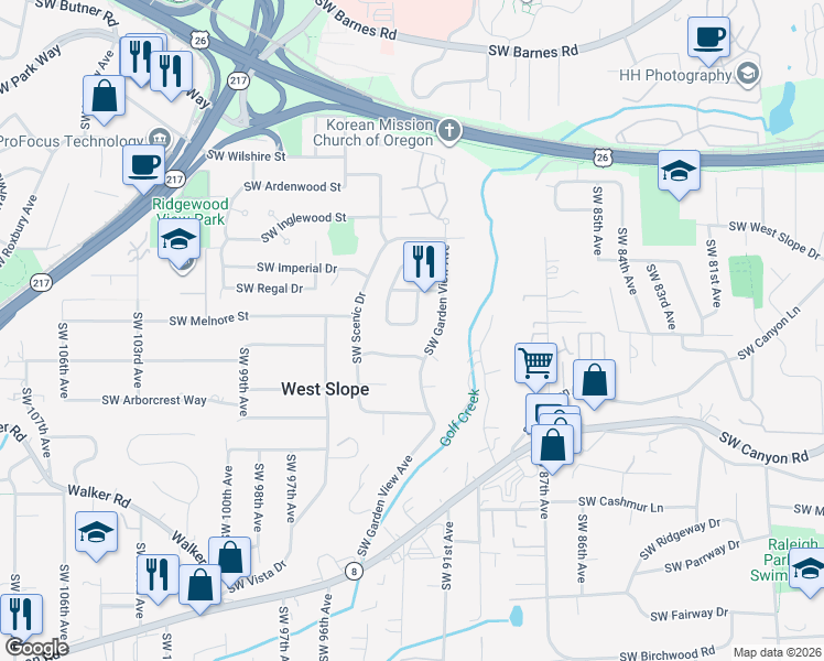map of restaurants, bars, coffee shops, grocery stores, and more near 2495 Southwest Timberline Drive in Portland