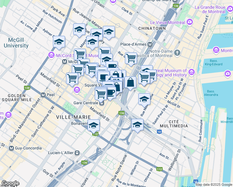 map of restaurants, bars, coffee shops, grocery stores, and more near in Montreal