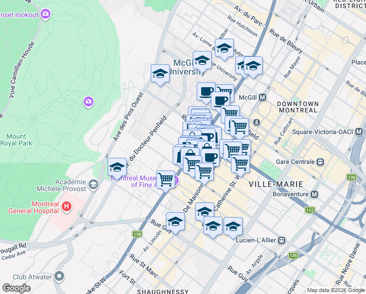 map of restaurants, bars, coffee shops, grocery stores, and more near 3421 Rue Drummond in Montréal