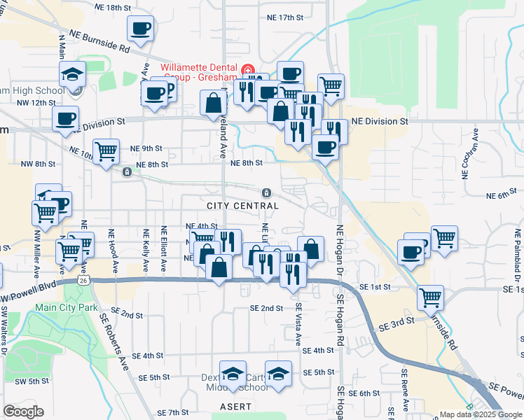 map of restaurants, bars, coffee shops, grocery stores, and more near 1181 Northeast 5th Street in Gresham