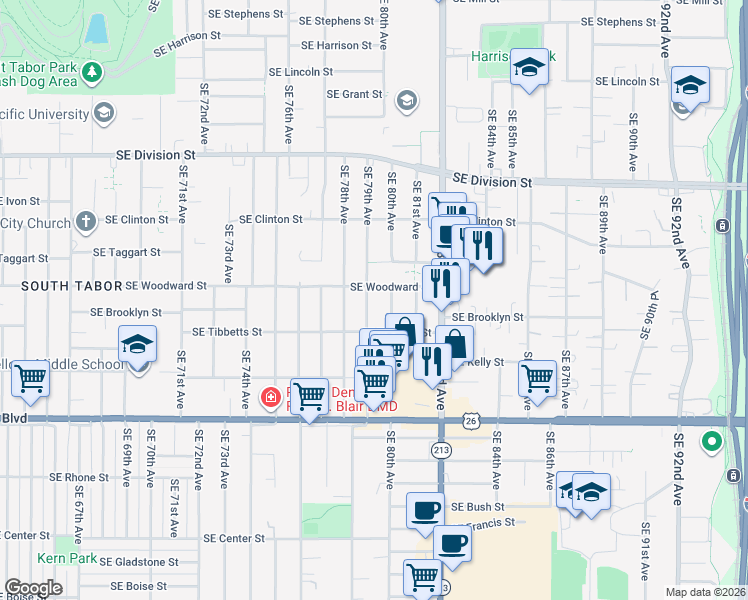 map of restaurants, bars, coffee shops, grocery stores, and more near 2926 Southeast 79th Avenue in Portland