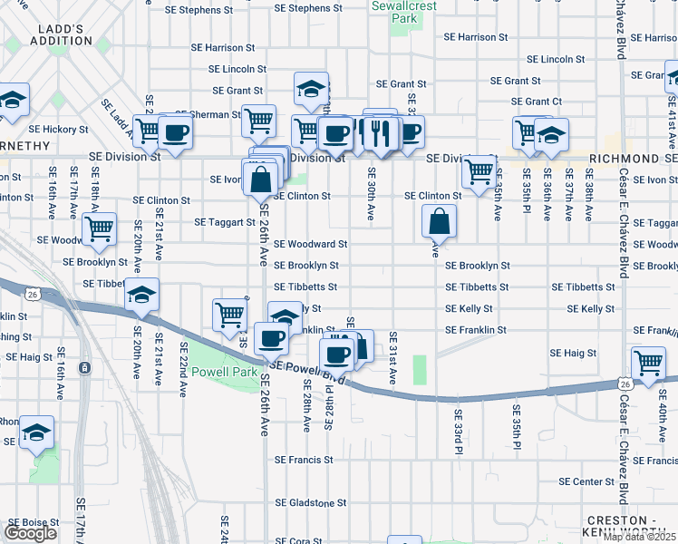 map of restaurants, bars, coffee shops, grocery stores, and more near 3010 Southeast 29th Avenue in Portland