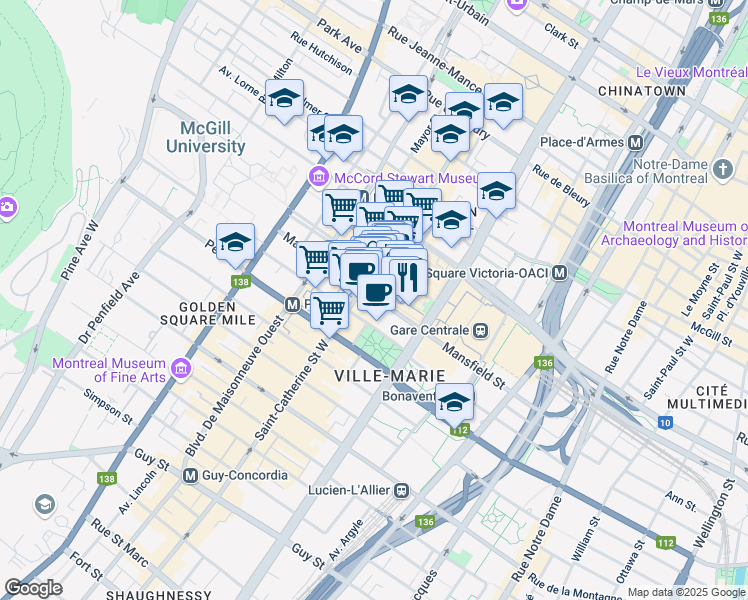 map of restaurants, bars, coffee shops, grocery stores, and more near 1230 Mansfield St in Montreal