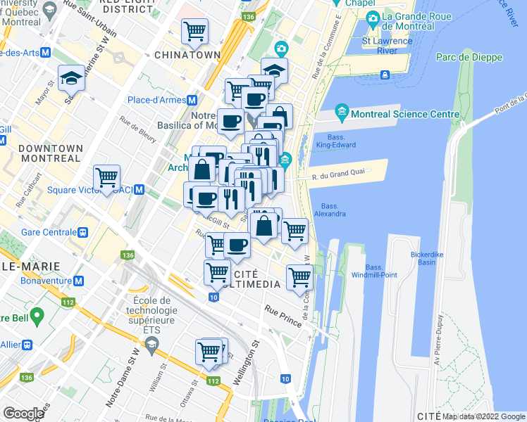 map of restaurants, bars, coffee shops, grocery stores, and more near 335 Place d'Youville in Montréal