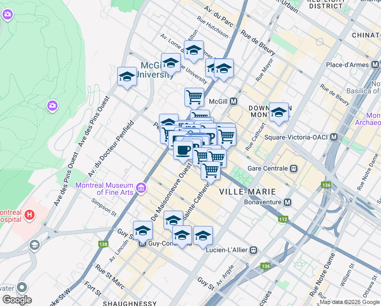 map of restaurants, bars, coffee shops, grocery stores, and more near 2022 Rue Peel in Montréal