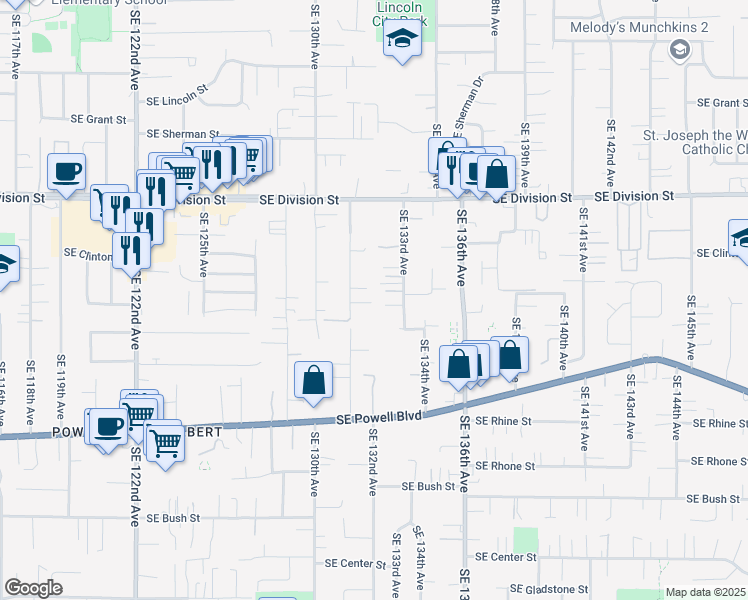 map of restaurants, bars, coffee shops, grocery stores, and more near 2924 Southeast 131st Avenue in Portland