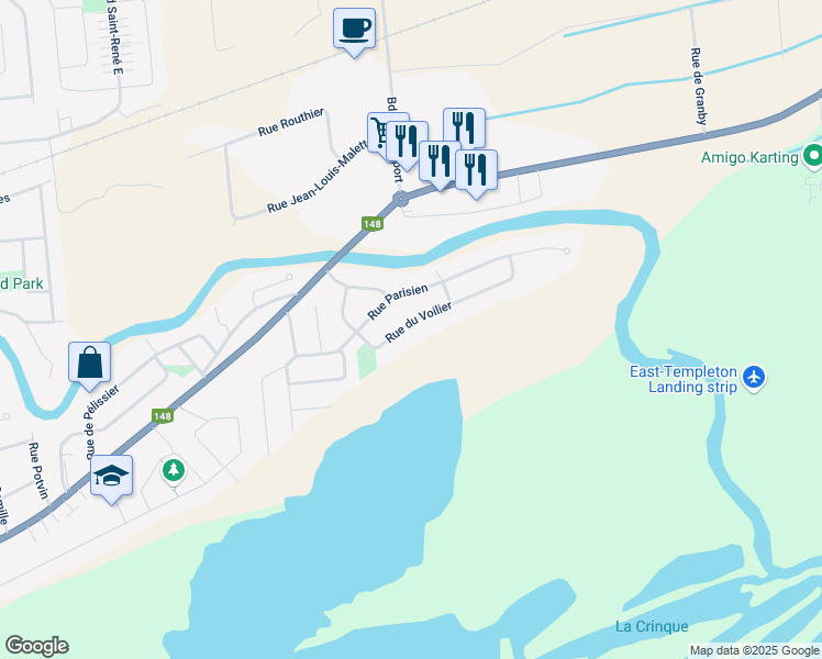 map of restaurants, bars, coffee shops, grocery stores, and more near 123 Rue du Voilier in Gatineau