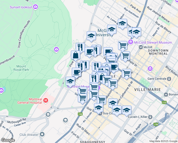 map of restaurants, bars, coffee shops, grocery stores, and more near 3495 Rue de la Montagne in Montréal