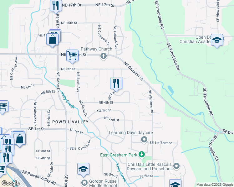 map of restaurants, bars, coffee shops, grocery stores, and more near 4025 Northeast 5th Drive in Gresham