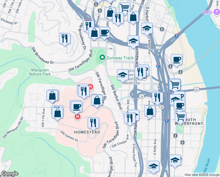 map of restaurants, bars, coffee shops, grocery stores, and more near 3032 Southwest 4th Avenue in Portland
