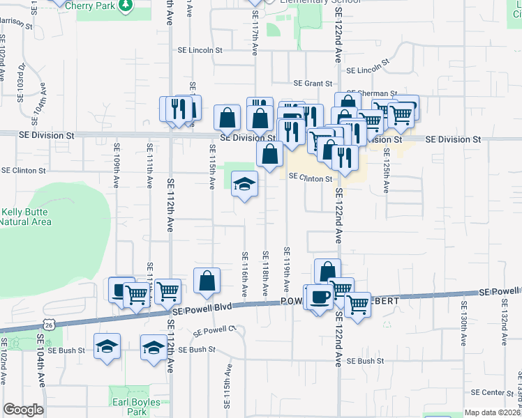 map of restaurants, bars, coffee shops, grocery stores, and more near 2901 Southeast 118th Avenue in Portland