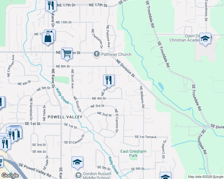 map of restaurants, bars, coffee shops, grocery stores, and more near 4057 Northeast 5th Drive in Gresham