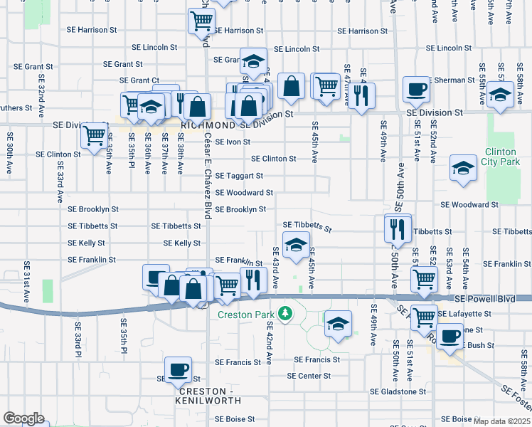 map of restaurants, bars, coffee shops, grocery stores, and more near 4160 Southeast Brooklyn Street in Portland
