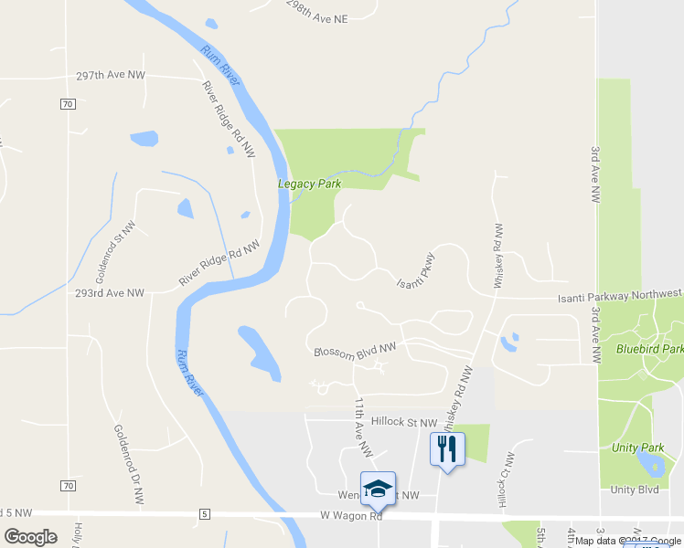 map of restaurants, bars, coffee shops, grocery stores, and more near 1106 Isanti Parkway Northwest in Isanti