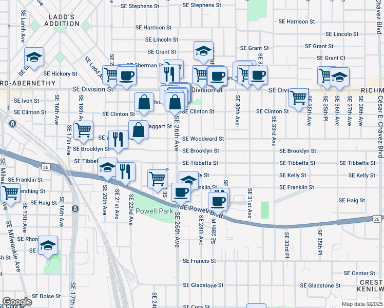 map of restaurants, bars, coffee shops, grocery stores, and more near 2712 Southeast Brooklyn Street in Portland