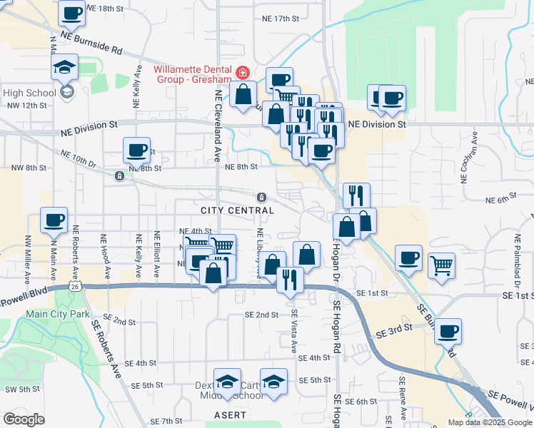 map of restaurants, bars, coffee shops, grocery stores, and more near 434 Northeast Liberty Avenue in Gresham