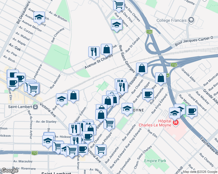map of restaurants, bars, coffee shops, grocery stores, and more near 301 Avenue Achin in Saint-Lambert