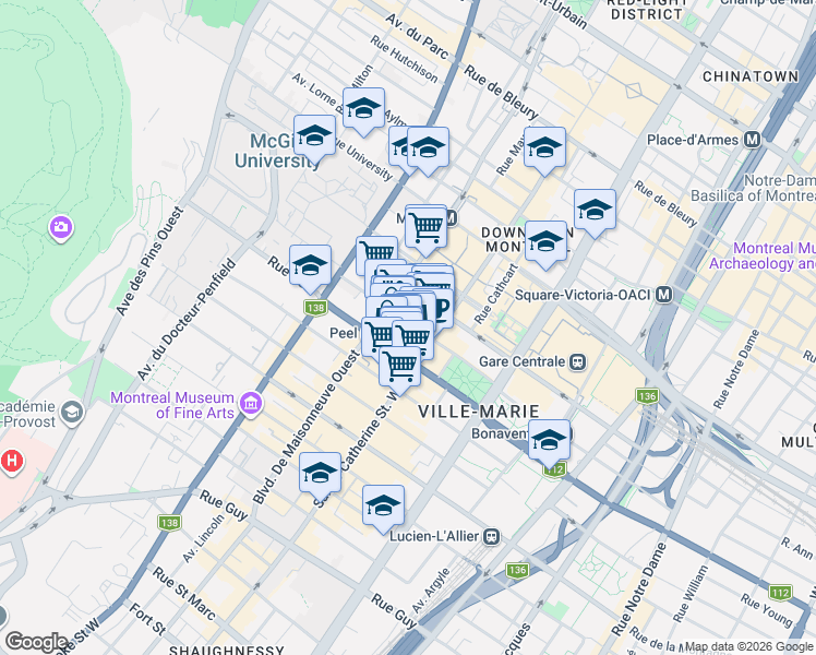 map of restaurants, bars, coffee shops, grocery stores, and more near 1440 Rue Metcalfe in Montréal
