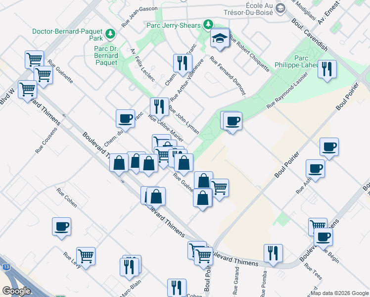 map of restaurants, bars, coffee shops, grocery stores, and more near 3698 Rue Céline-Marier in Montréal