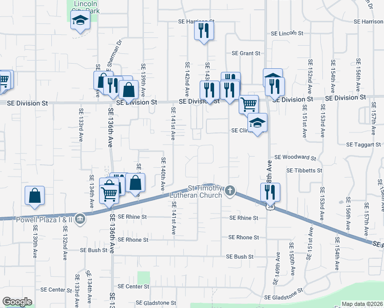 map of restaurants, bars, coffee shops, grocery stores, and more near 2917 Southeast 142nd Place in Portland