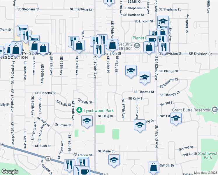 map of restaurants, bars, coffee shops, grocery stores, and more near 17520 Southeast Brooklyn Street in Portland