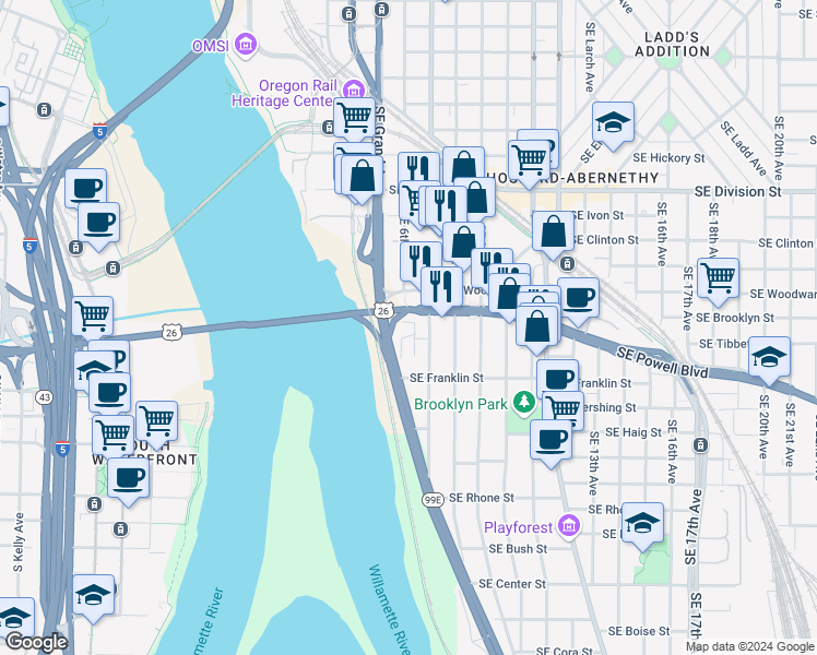 map of restaurants, bars, coffee shops, grocery stores, and more near 3019 Southeast 6th Avenue in Portland