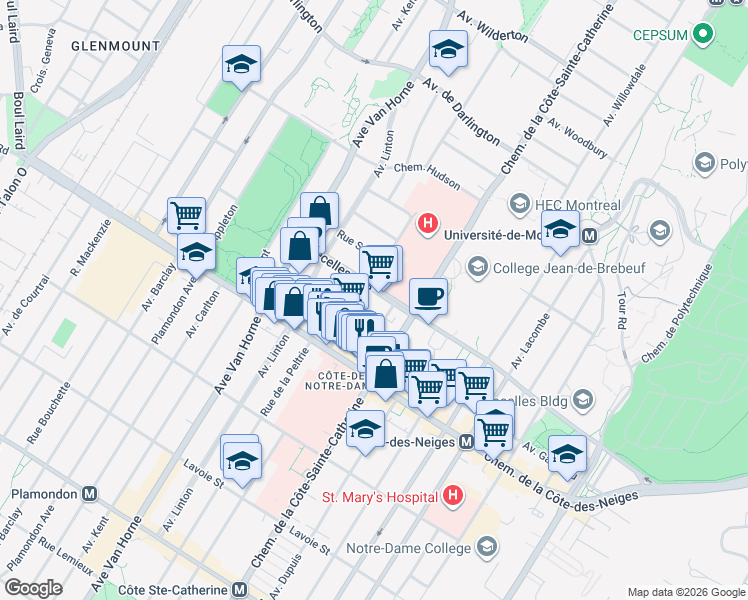 map of restaurants, bars, coffee shops, grocery stores, and more near 5780 Avenue Decelles in Montréal