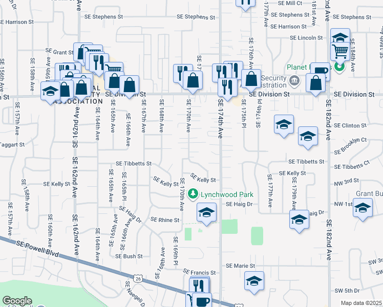 map of restaurants, bars, coffee shops, grocery stores, and more near 2936 Southeast 170th Avenue in Portland