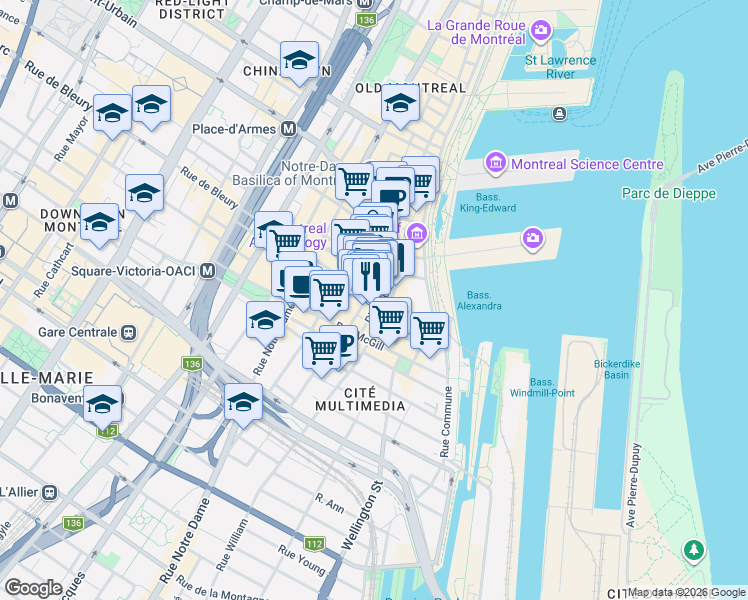 map of restaurants, bars, coffee shops, grocery stores, and more near 358 Rue Saint Pierre in Montréal