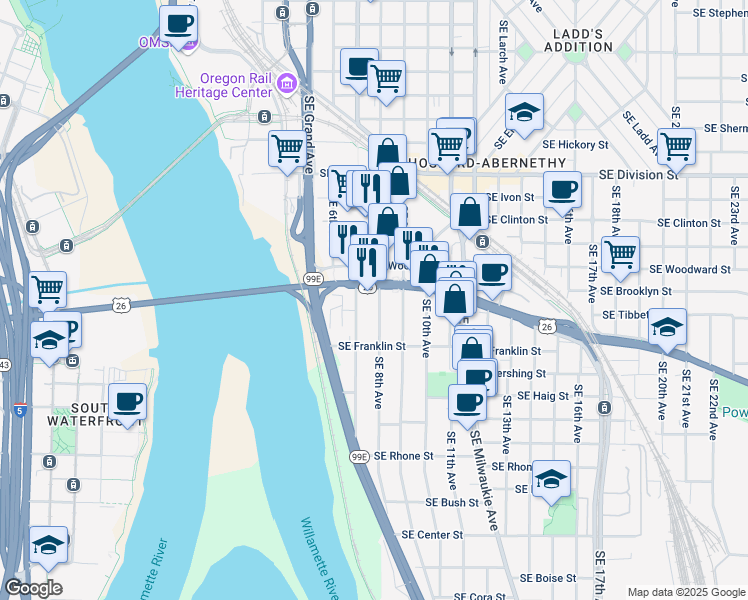 map of restaurants, bars, coffee shops, grocery stores, and more near 3025 Southeast 8th Avenue in Portland