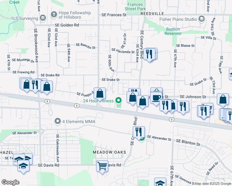 map of restaurants, bars, coffee shops, grocery stores, and more near 2477 Southeast 61st Lane in Hillsboro