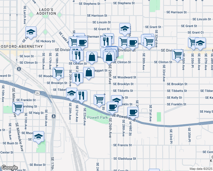 map of restaurants, bars, coffee shops, grocery stores, and more near 3004 Southeast 25th Avenue in Portland