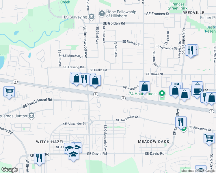 map of restaurants, bars, coffee shops, grocery stores, and more near 2421 Southeast 54th Court in Hillsboro