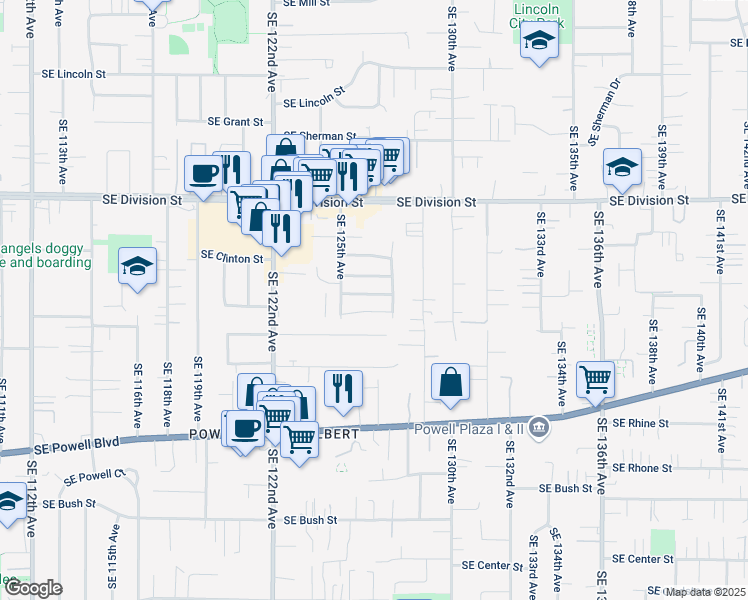 map of restaurants, bars, coffee shops, grocery stores, and more near 12546 Southeast Woodward Street in Portland