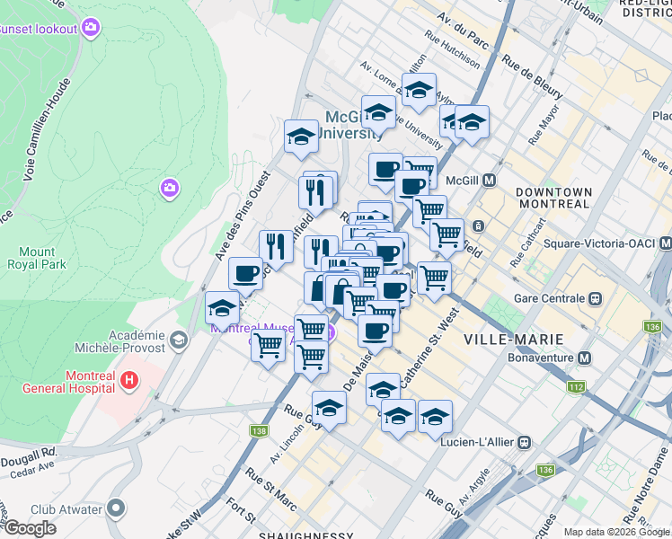 map of restaurants, bars, coffee shops, grocery stores, and more near 3431 Rue Drummond in Montréal