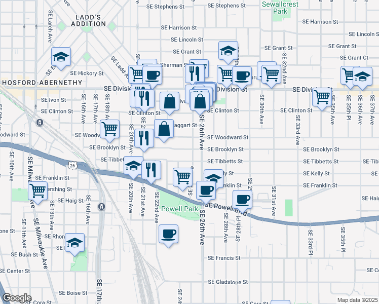 map of restaurants, bars, coffee shops, grocery stores, and more near 3005 Southeast 25th Avenue in Portland