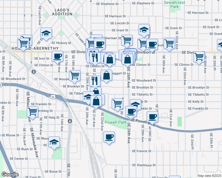 map of restaurants, bars, coffee shops, grocery stores, and more near 2312 Southeast Brooklyn Street in Portland