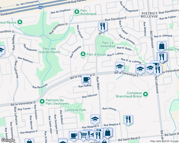 map of restaurants, bars, coffee shops, grocery stores, and more near 172 Rue Essiambre in Gatineau