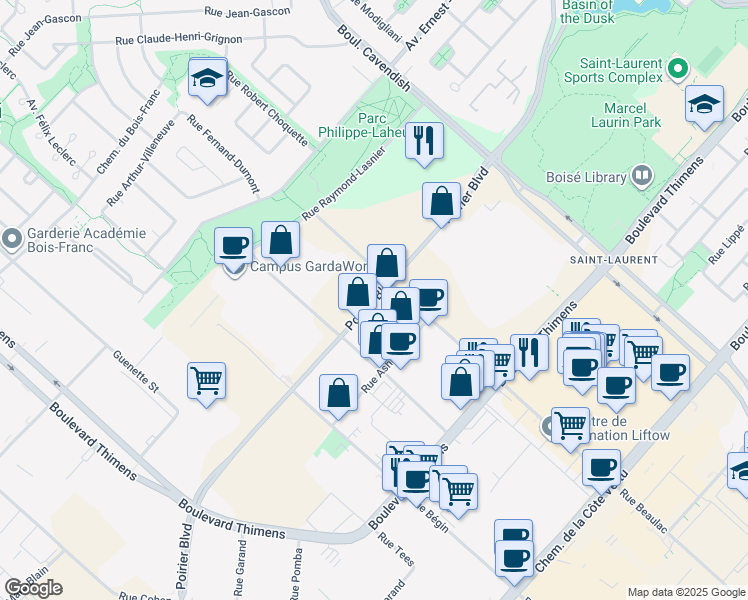 map of restaurants, bars, coffee shops, grocery stores, and more near Boulevard Poirier in Montréal