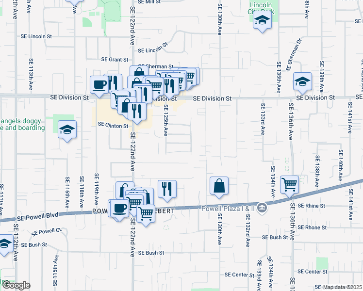 map of restaurants, bars, coffee shops, grocery stores, and more near 12546 Southeast Woodward Street in Portland