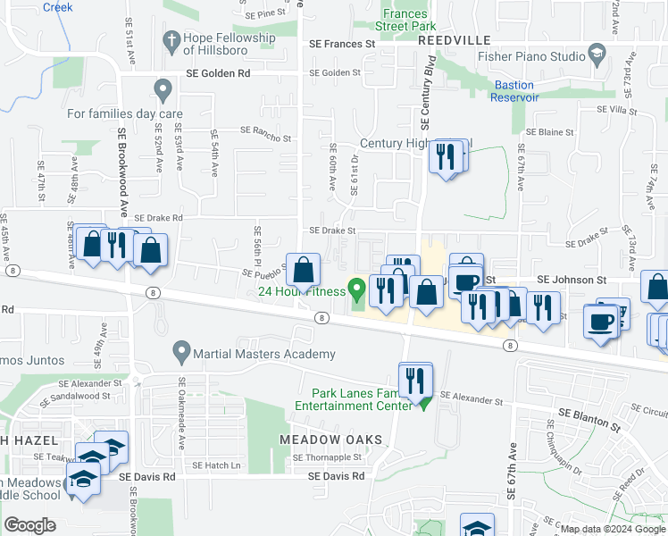 map of restaurants, bars, coffee shops, grocery stores, and more near 2477 Southeast 61st Lane in Hillsboro