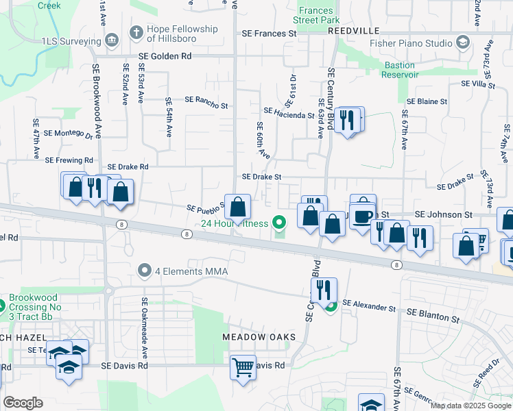 map of restaurants, bars, coffee shops, grocery stores, and more near 5998 Southeast Drake Street in Hillsboro