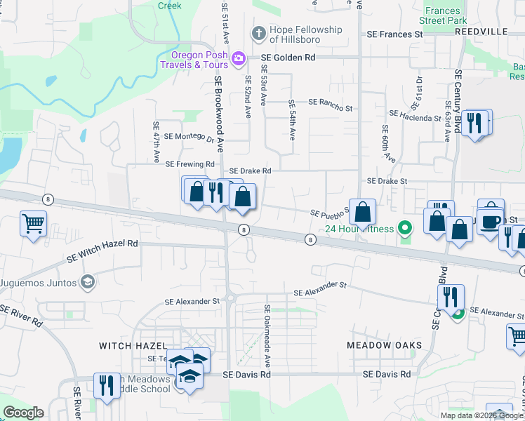 map of restaurants, bars, coffee shops, grocery stores, and more near 2421 Southeast 54th Court in Hillsboro