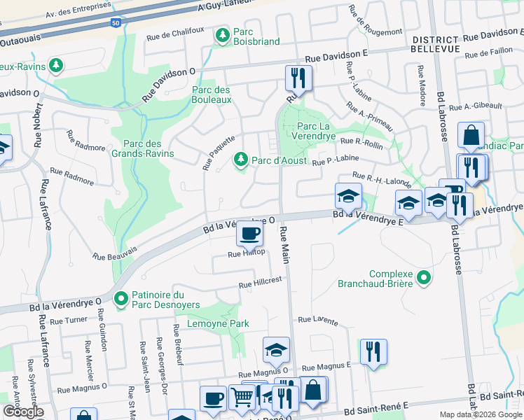 map of restaurants, bars, coffee shops, grocery stores, and more near 170 Rue Essiambre in Gatineau