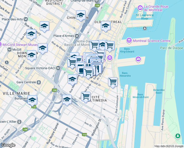 map of restaurants, bars, coffee shops, grocery stores, and more near 376 Rue le Moyne in Montréal