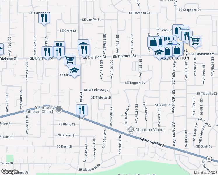 map of restaurants, bars, coffee shops, grocery stores, and more near 2855 Southeast 153rd Avenue in Portland