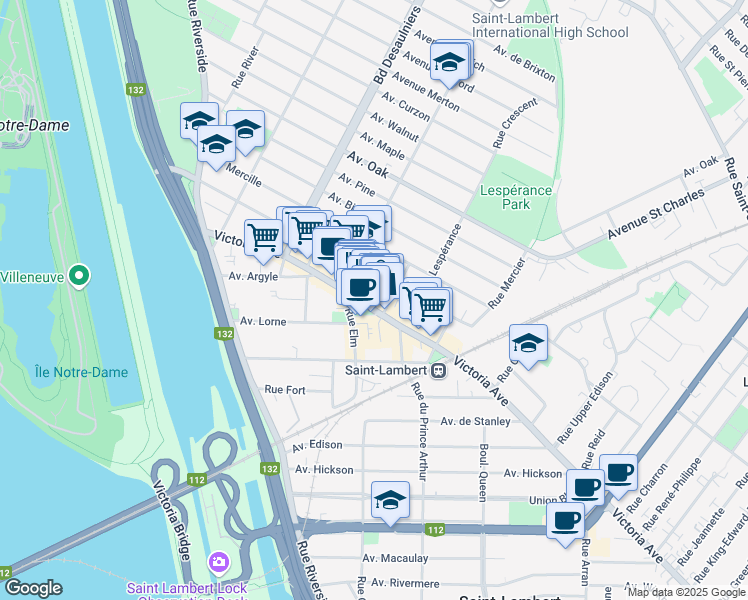 map of restaurants, bars, coffee shops, grocery stores, and more near 570 Avenue Victoria in Saint-Lambert