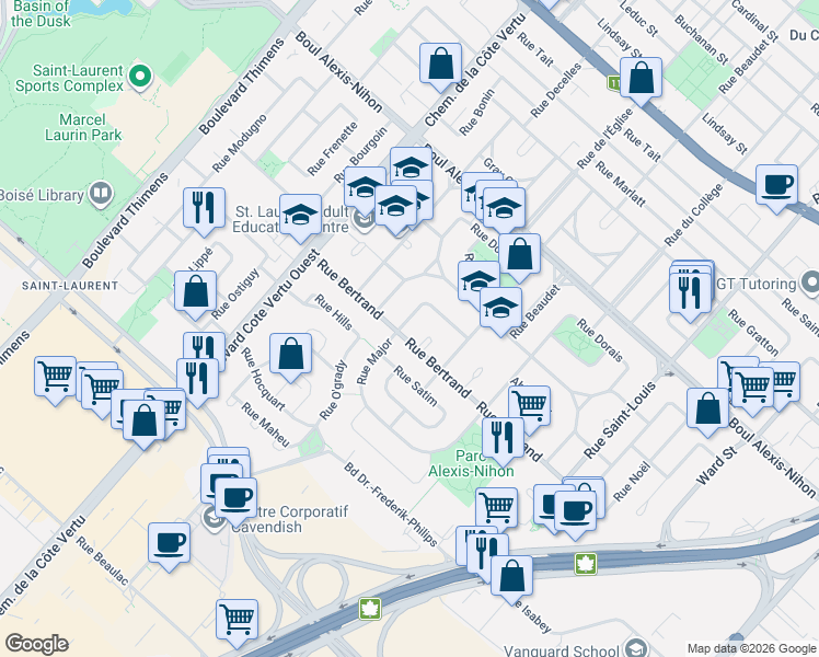 map of restaurants, bars, coffee shops, grocery stores, and more near 2490 Rue Major in Montréal