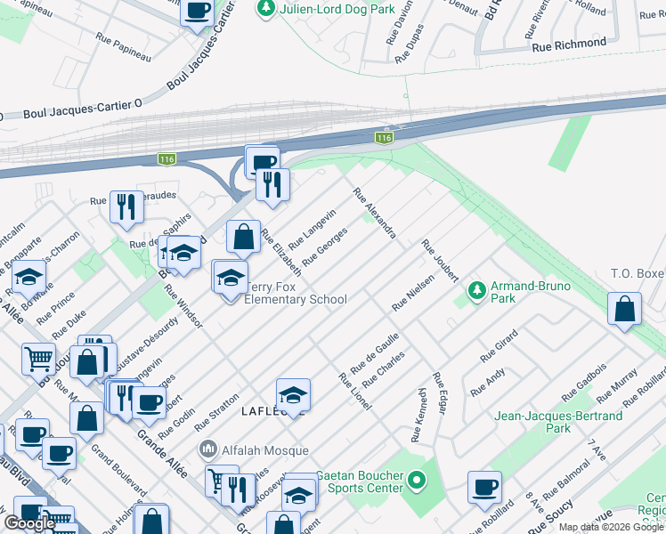 map of restaurants, bars, coffee shops, grocery stores, and more near Rue Albert in Longueuil